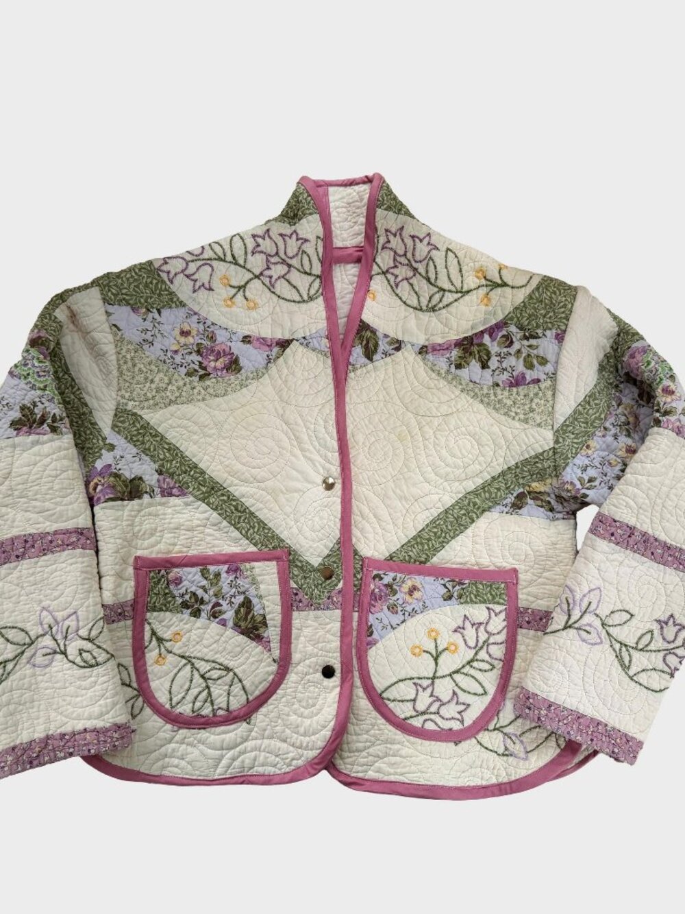 Handmade Floral Quilted Jacket Made from a Vintage Patchwork Quilt - Size Medium